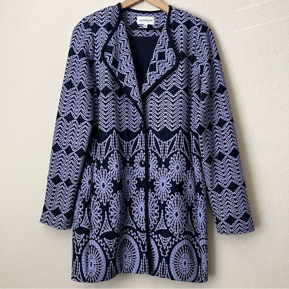 Peck & Peck Statement Knit Jacket Blazer Navy Blue Periwinkle Floral Boh… - Picture 10 of 10
